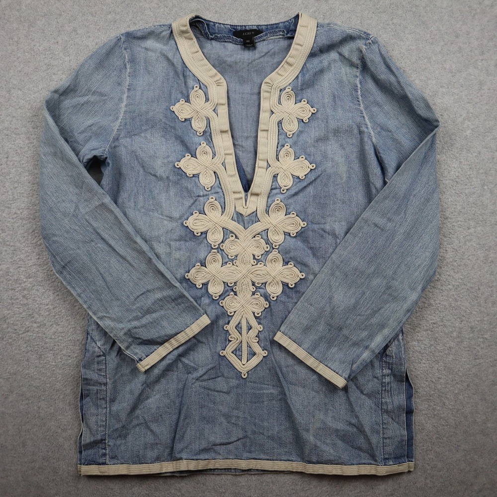 J.Crew Tunic Womens 00 A8431 Blue Embroidered Cotton Split Neck Denim Top
